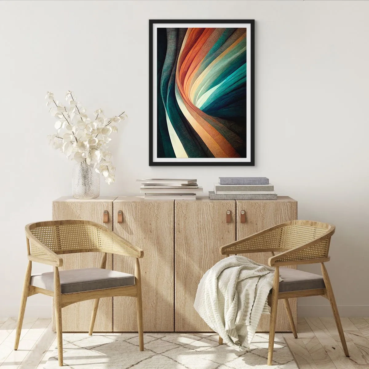 Poster in einem schwarzem Rahmen - Abstrakte bunte wirbelnde Bänder - 50x70cm - Aus Farben gewebt - Moderne Wanddekoration für Wohnzimmer und Schlafzimmer ARTTOR