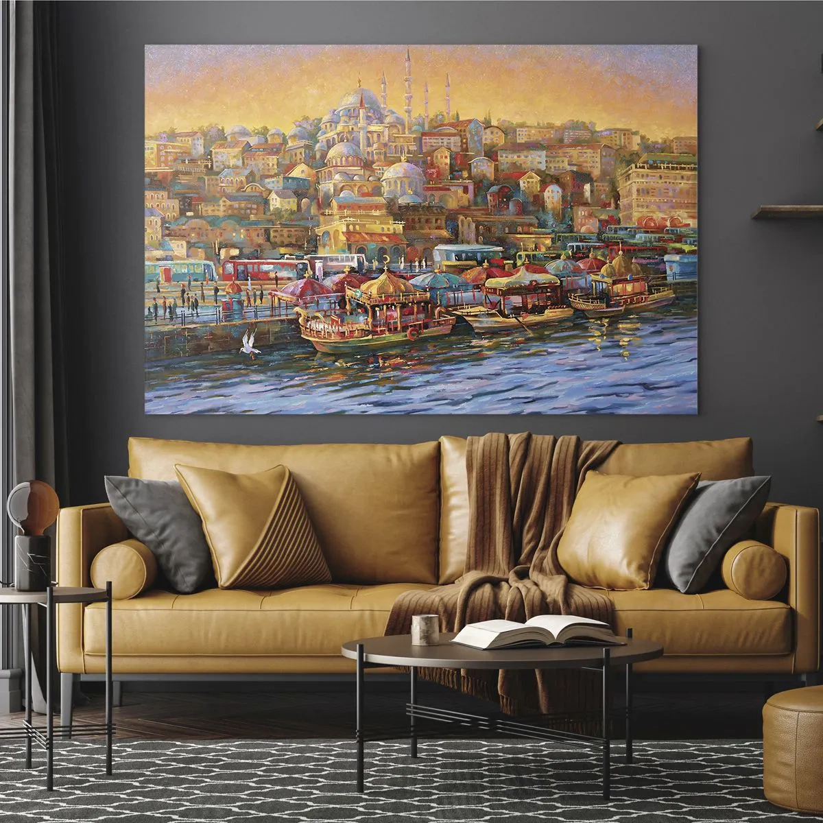 Glasbild - Bild auf glas - Ein farbenfroher Hafen mit Booten und einem Stadtpanorama bei Sonnenuntergang - 70x50cm - Istanbuler Geschichte - Moderne Wanddekoration für Wohnzimmer und Schlafzimmer ARTTOR