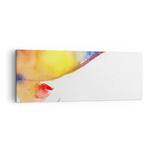 Bild auf Leinwand - Leinwandbild - Ein minimalistisches Aquarellgemälde des Profils einer Frau mit einem bunten Hut. - 140x50cm - Bildnis einer Dame - Moderne Wanddekoration für Wohnzimmer und Schlafzimmer ARTTOR