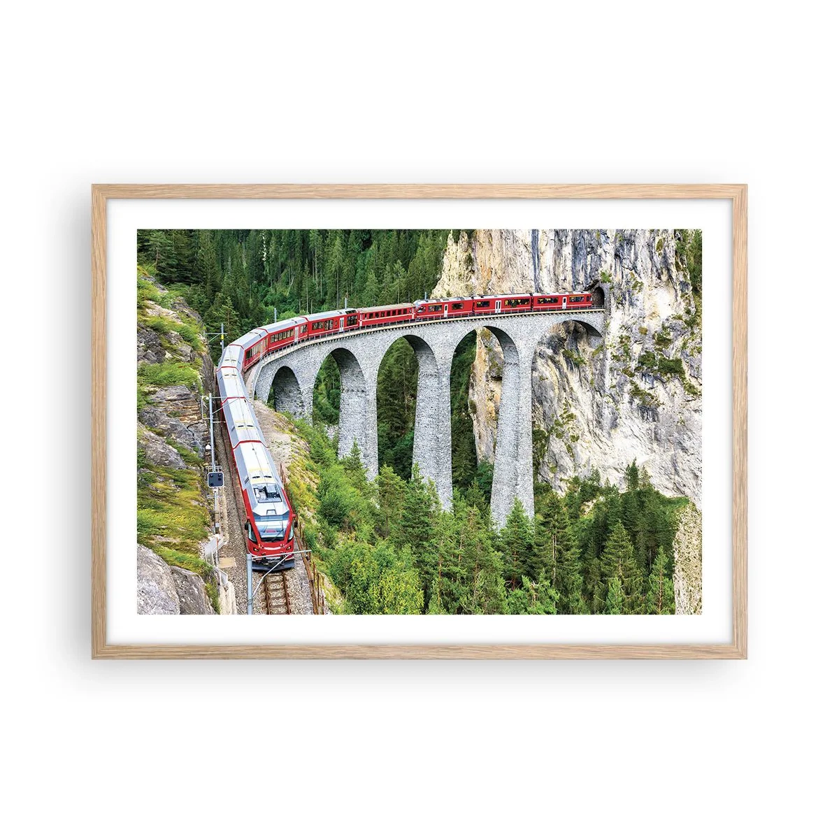 Poster in einem Rahmen aus heller Eiche - Eisenbahn für Bergblick - 70x50 cm