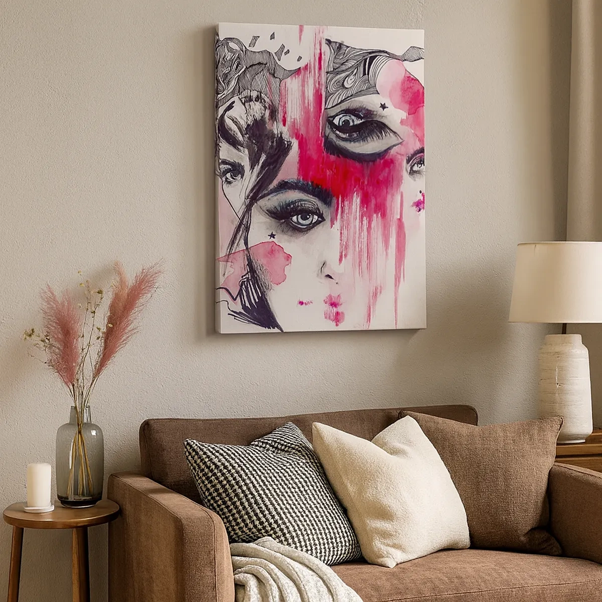 Bild auf Leinwand - Leinwandbild - Abstraktes Gesicht in Rosa- und Schwarztönen - 50x70cm - Abstrakte Augen - Moderne Wanddekoration für Wohnzimmer und Schlafzimmer ARTTOR