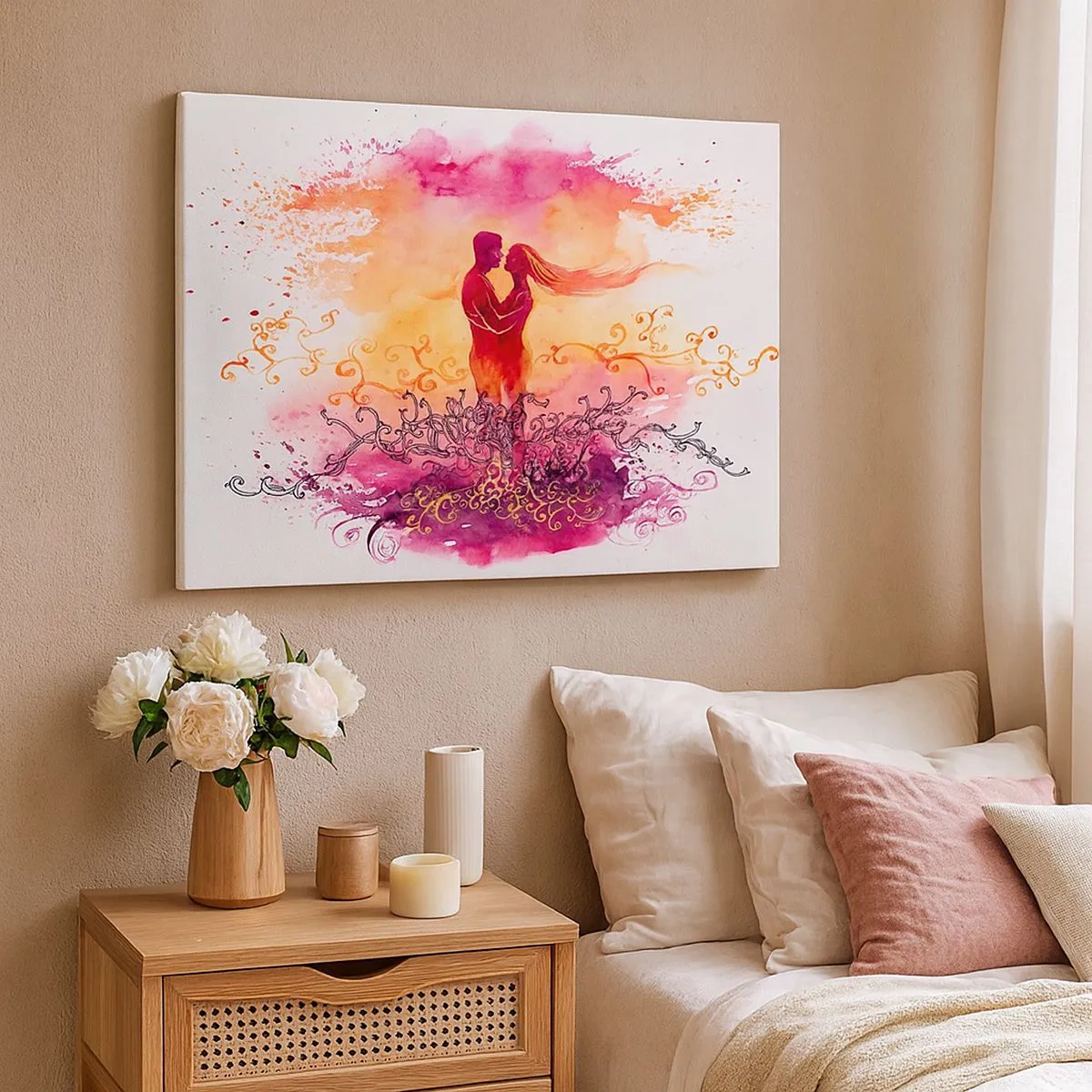 Bild auf Leinwand - Leinwandbild - Ein Paar umarmt sich vor einem abstrakten rosa und orangefarbenen Muster - 70x50cm - Ein Herz! ich brauche so wenig... - Moderne Wanddekoration für Wohnzimmer und Schlafzimmer ARTTOR