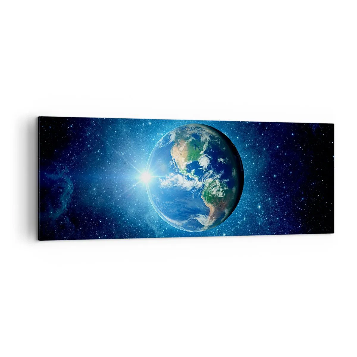 Bild auf Leinwand - Leinwandbild - Erde im Weltraum, umgeben von Sternen und Licht - 140x50cm - Wir sind im Himmel - Moderne Wanddekoration für Wohnzimmer und Schlafzimmer ARTTOR