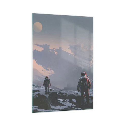 Glasbild - Bild auf glas - Astronauten auf einem fremden Planeten mit einem Raumschiffwrack - 80x120cm - Unter einem unbekannten Stern - Moderne Wanddekoration für Wohnzimmer und Schlafzimmer ARTTOR