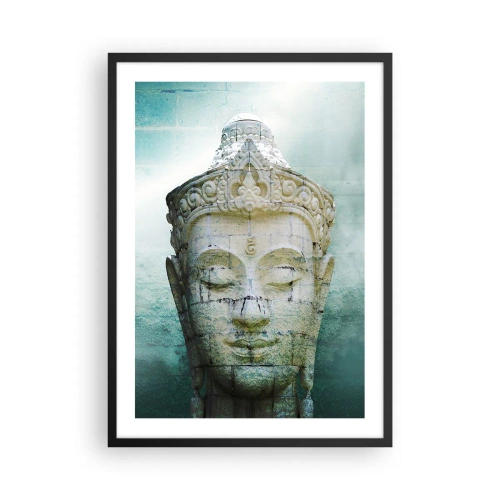 Poster in einem schwarzem Rahmen - Eine Buddha-Statue vor einem Hintergrund in dezenten Grüntönen - 50x70cm - Auf der Suche nach dem Licht - Moderne Wanddekoration für Wohnzimmer und Schlafzimmer ARTTOR