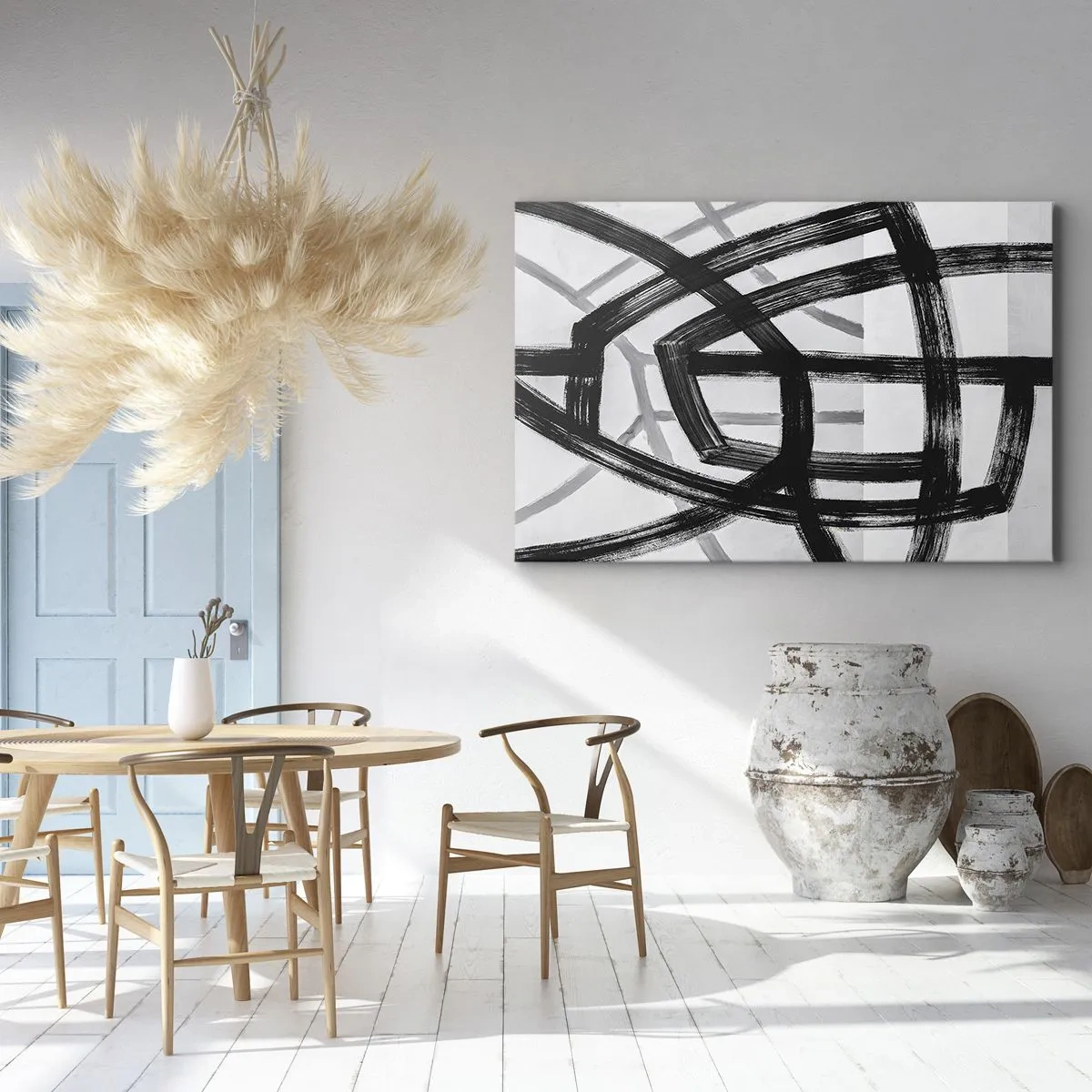 Bild auf Leinwand - Leinwandbild - Schwarz-weiße abstrakte Linien, die sich auf hellem Hintergrund kreuzen - 70x50cm - Bautiefe - Moderne Wanddekoration für Wohnzimmer und Schlafzimmer ARTTOR