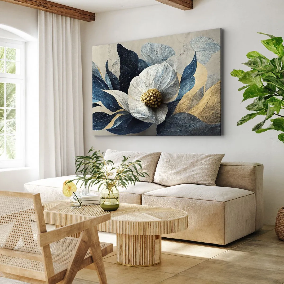 Bild auf Leinwand - Leinwandbild - Eine Blume mit blauen Blättern auf einem eleganten Hintergrund - 100x70cm - Er hat ein Herz aus Gold - Moderne Wanddekoration für Wohnzimmer und Schlafzimmer ARTTOR