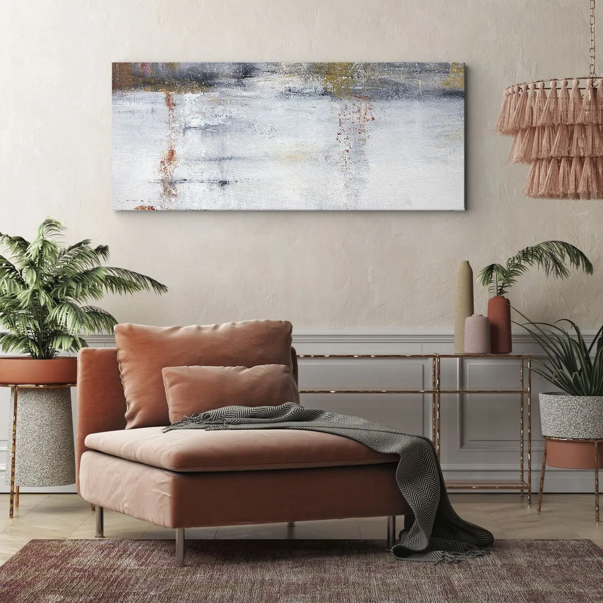 Bild auf Leinwand - Leinwandbild - Eine abstrakte Landschaft mit verschwommenen Akzenten in Grau und Gold. - 140x50cm - Hinter dem Luftvorhang - Moderne Wanddekoration für Wohnzimmer und Schlafzimmer ARTTOR