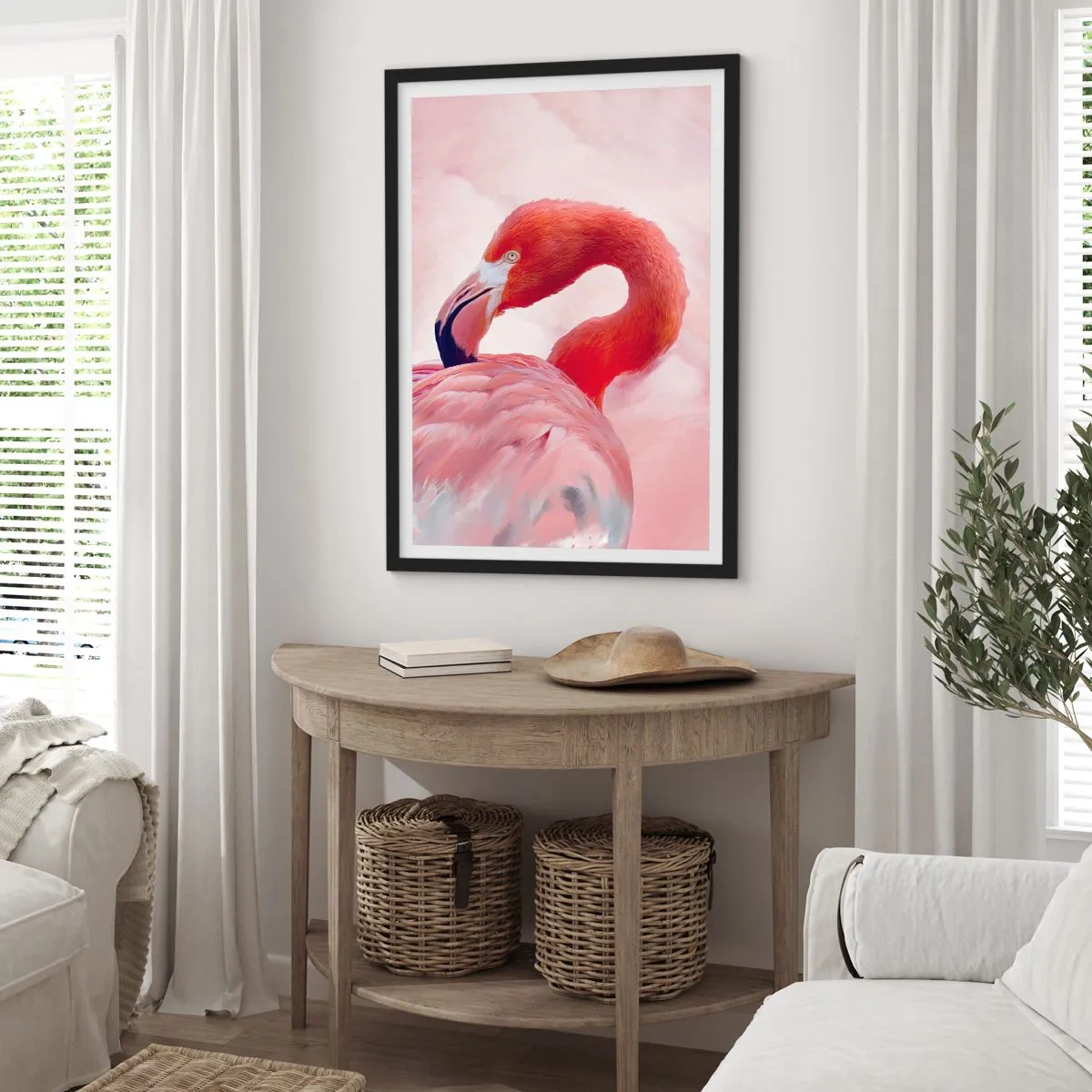 Poster in einem schwarzem Rahmen - Rosa Flamingo auf hellem Hintergrund - 50x70cm - Vogel Schönheit - Moderne Wanddekoration für Wohnzimmer und Schlafzimmer ARTTOR