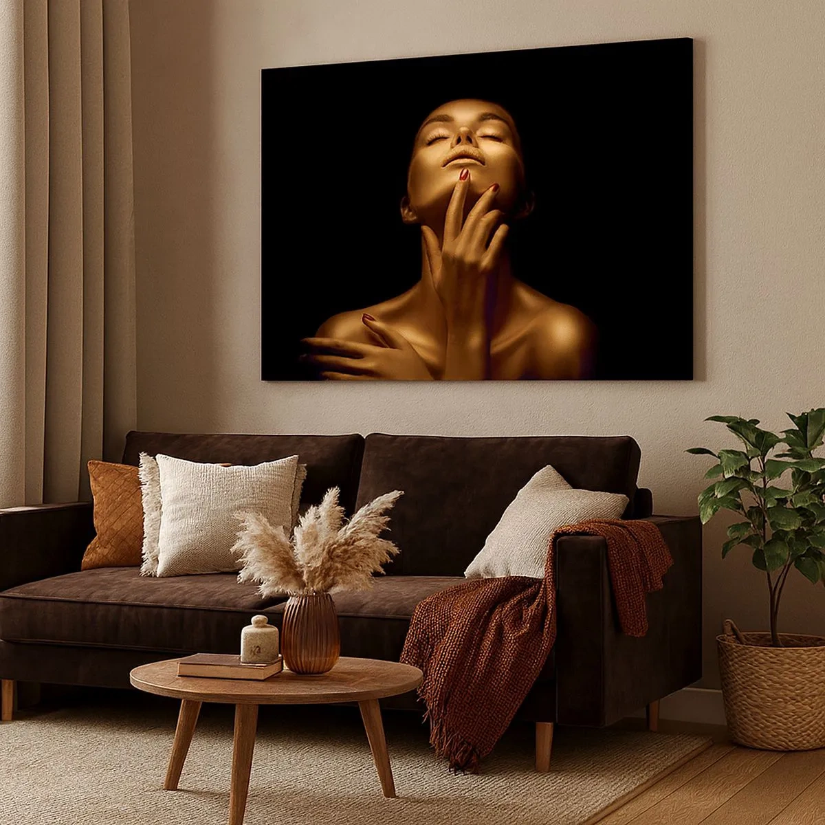 Bild auf Leinwand - Leinwandbild - Porträt einer Frau in goldenem Glanz auf schwarzem Hintergrund - 70x50cm - Wie goldene Seide - Moderne Wanddekoration für Wohnzimmer und Schlafzimmer ARTTOR