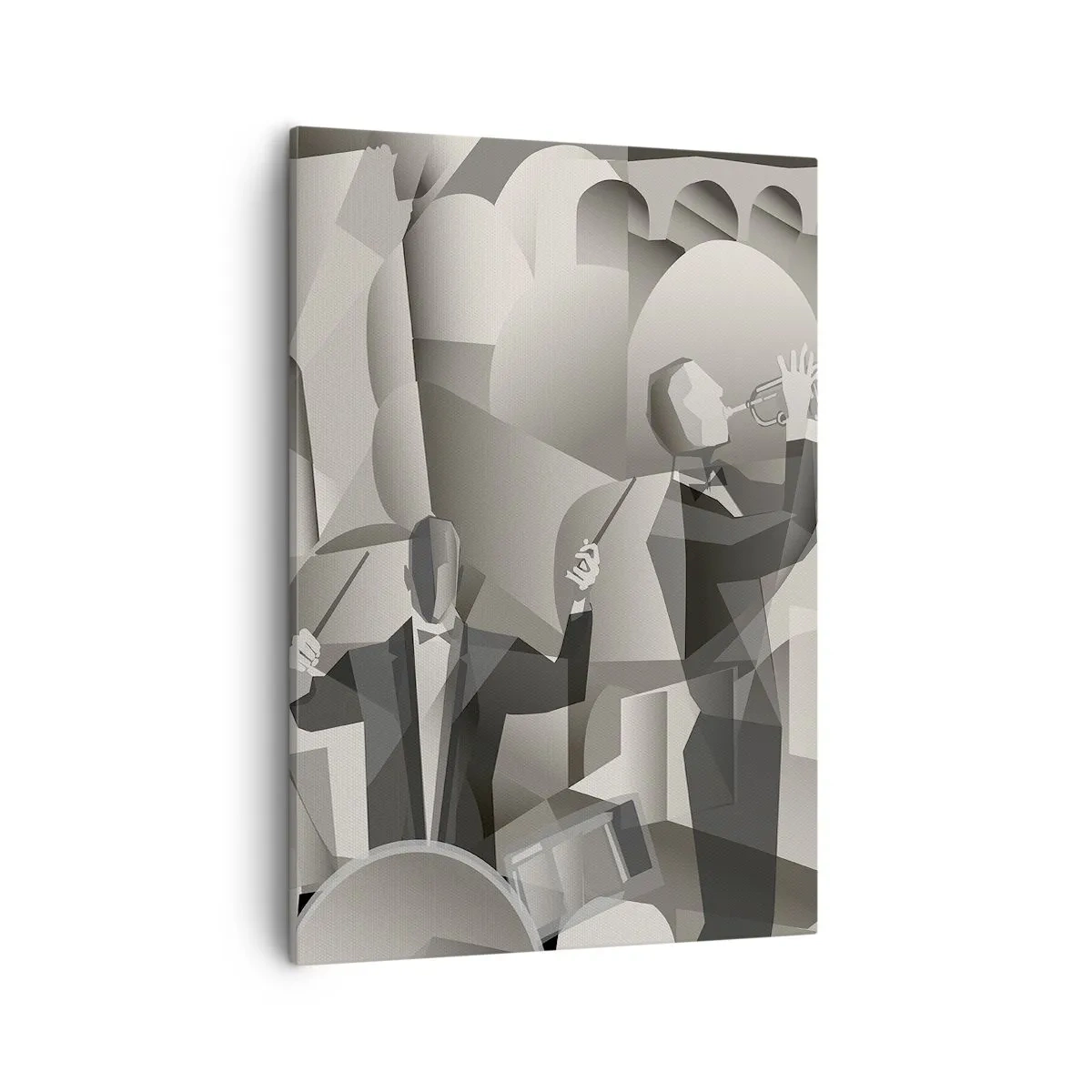 Bild auf Leinwand - Leinwandbild - Abstrakte Szene mit Jazzmusikern in Grautönen. - 50x70cm - Im Raum der Klänge - Moderne Wanddekoration für Wohnzimmer und Schlafzimmer ARTTOR