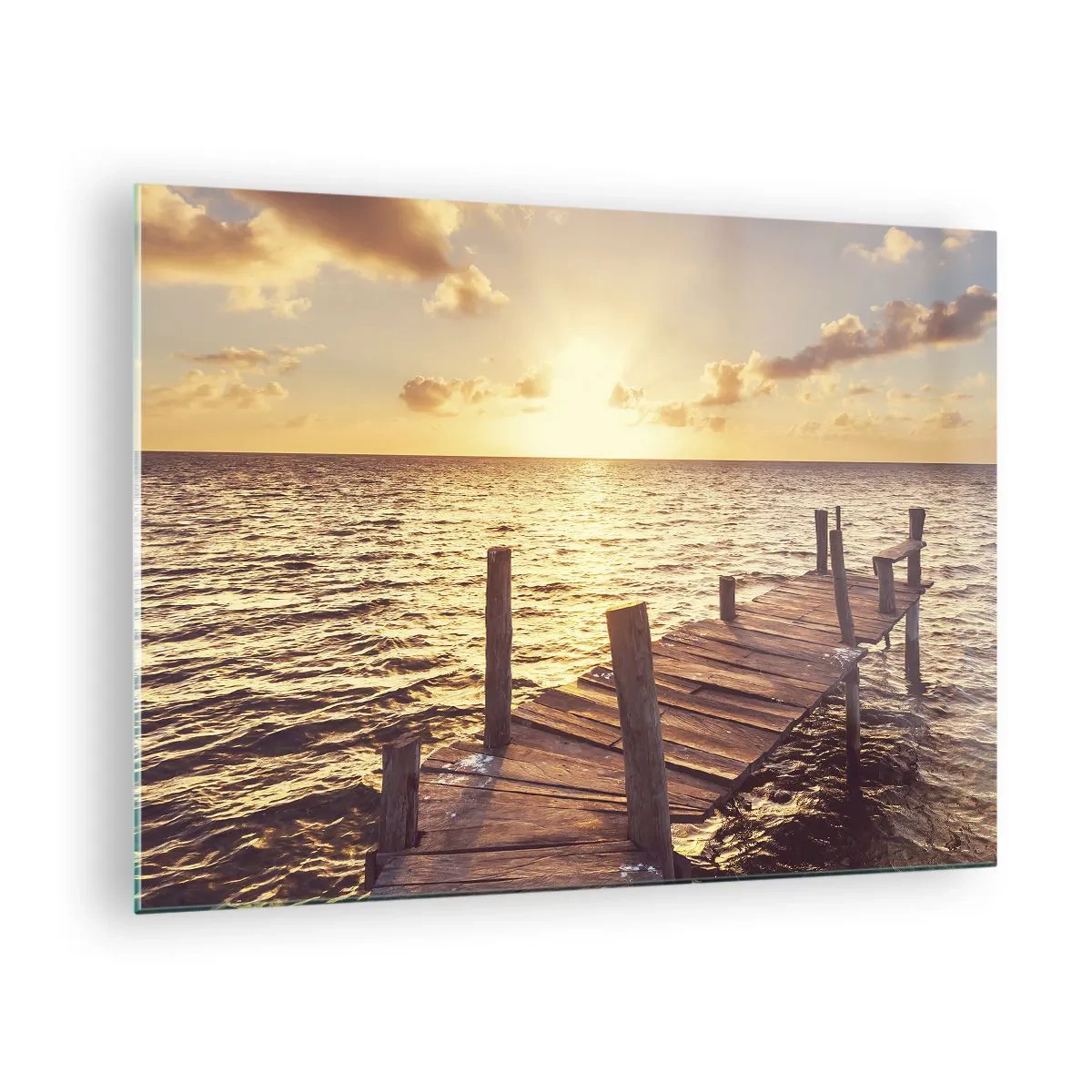 Glasbild - Bild auf glas - Ein Holzsteg vor der Kulisse der untergehenden Sonne - 70x50cm - Das goldene Land der Sanftmut - Moderne Wanddekoration für Wohnzimmer und Schlafzimmer ARTTOR