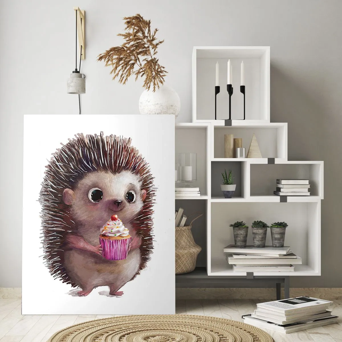 Glasbild - Bild auf glas - Ein süßer Igel mit einem Cupcake auf weißem Hintergrund - 50x70cm - Der Feiertag ist jeden Tag - Moderne Wanddekoration für Wohnzimmer und Schlafzimmer ARTTOR