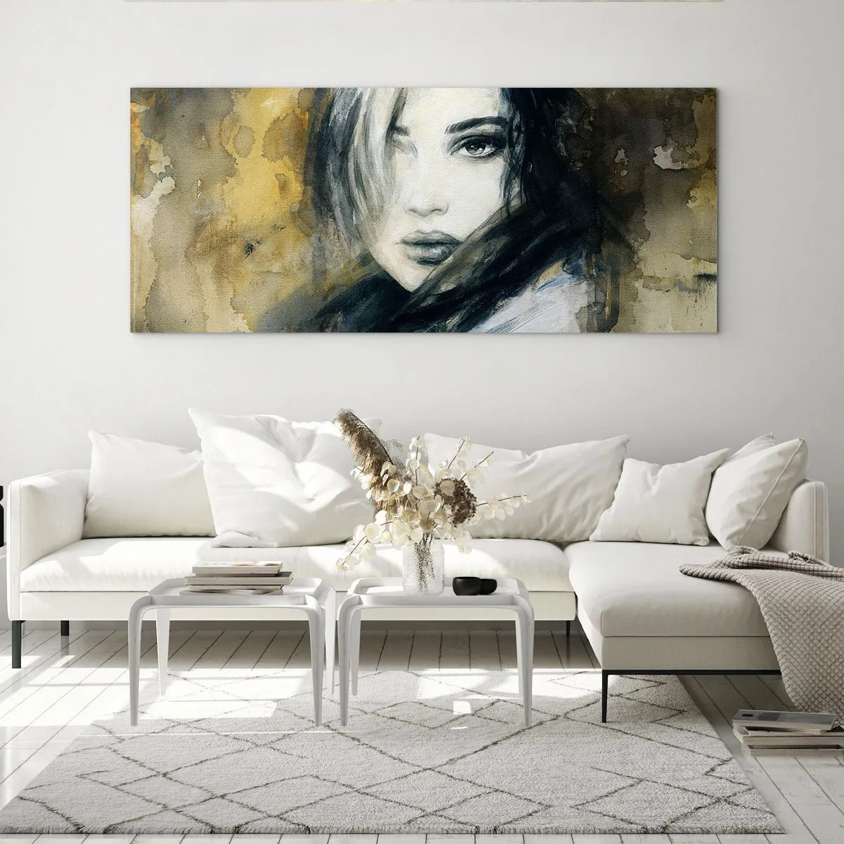 Glasbild - Bild auf glas - Porträt einer Frau vor einem Hintergrund aus abstrakten Flecken in Beigetönen - 140x50cm - unschuldiger oder sinnlicher? - Moderne Wanddekoration für Wohnzimmer und Schlafzimmer ARTTOR