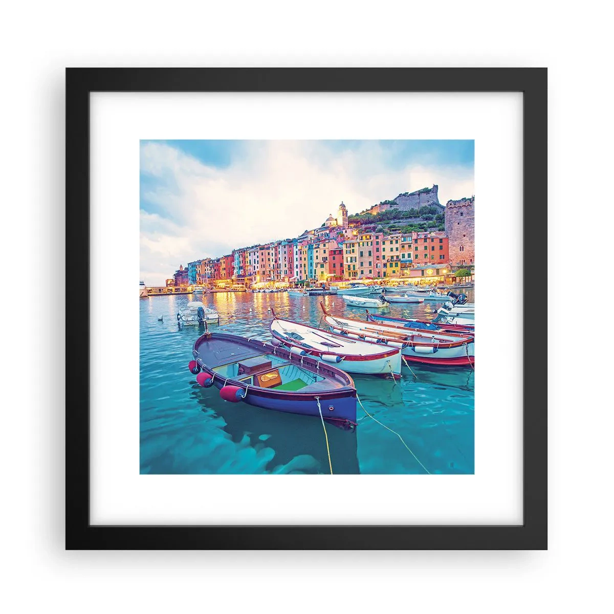 Poster in einem schwarzem Rahmen - Bunter Abend im Hafen - 30x30 cm
