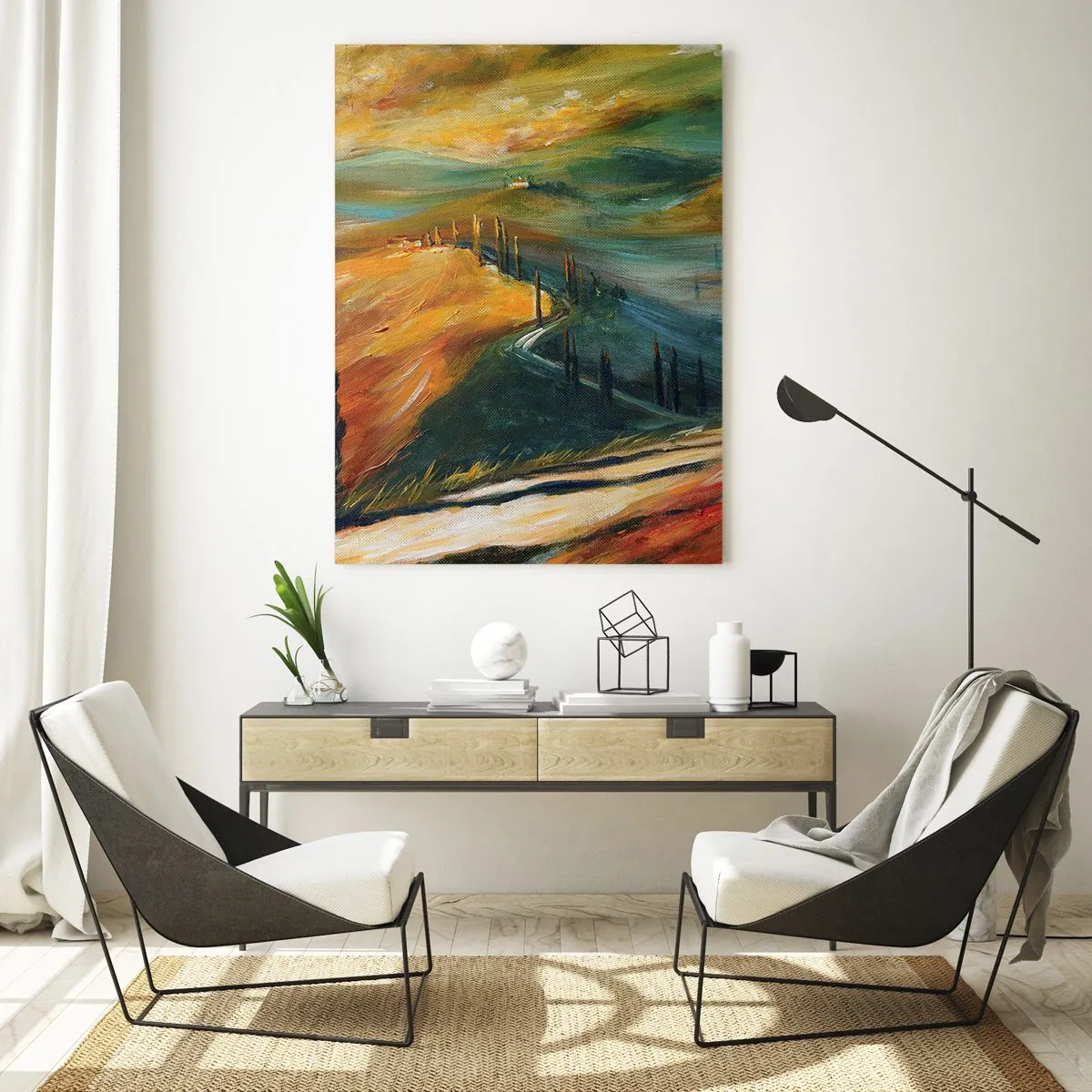 Glasbild - Bild auf glas - Toskanische Landschaft mit Feldern, Straße und Zypressen - 70x100cm - Toskanische Landschaft - Moderne Wanddekoration für Wohnzimmer und Schlafzimmer ARTTOR