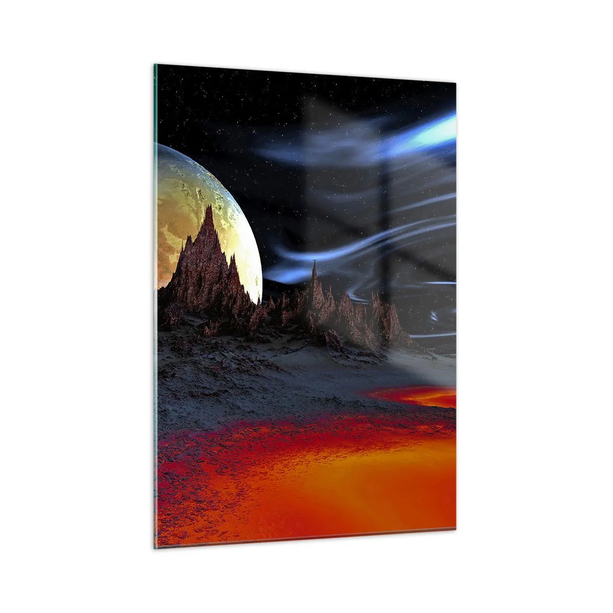Glasbild - Bild auf glas - Außerirdische Landschaft mit einem Planeten und einem bunten Himmel - 50x70cm - Unbekannte Welt - Moderne Wanddekoration für Wohnzimmer und Schlafzimmer ARTTOR