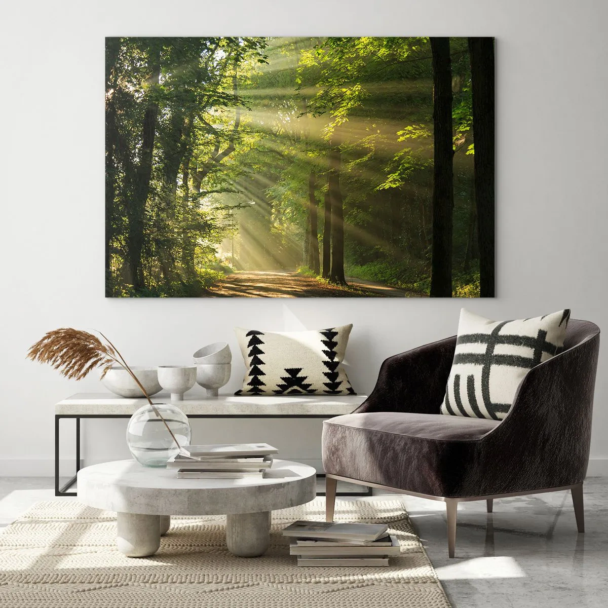 Glasbild - Bild auf glas - Ein Waldweg, beleuchtet von den Sonnenstrahlen - 120x80cm - Waldmoment - Moderne Wanddekoration für Wohnzimmer und Schlafzimmer ARTTOR