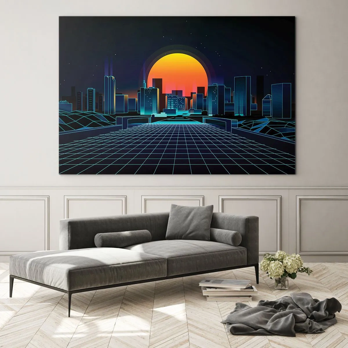 Glasbild - Bild auf glas - Futuristisches Stadtpanorama mit Sonnenuntergang - 100x70cm - Willst du immer noch zu Real gehen? - Moderne Wanddekoration für Wohnzimmer und Schlafzimmer ARTTOR