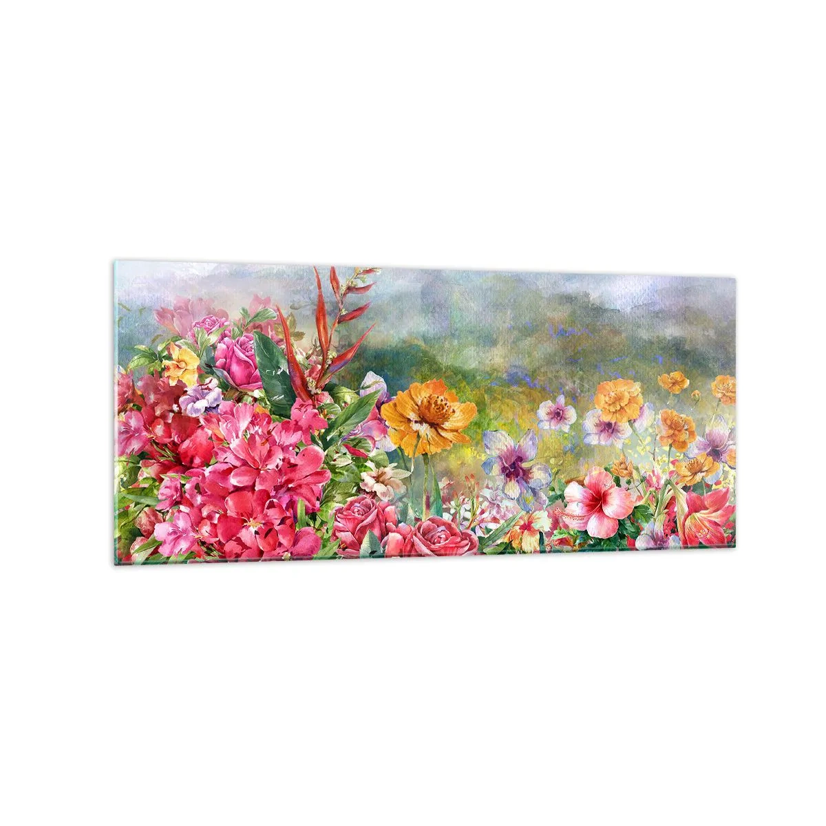 Glasbild - Bild auf glas - Eine farbenfrohe Blumenkomposition vor einem pastellfarbenen Landschaftshintergrund - 120x50cm - Ein Garten, der verrückt geworden ist - Moderne Wanddekoration für Wohnzimmer und Schlafzimmer ARTTOR