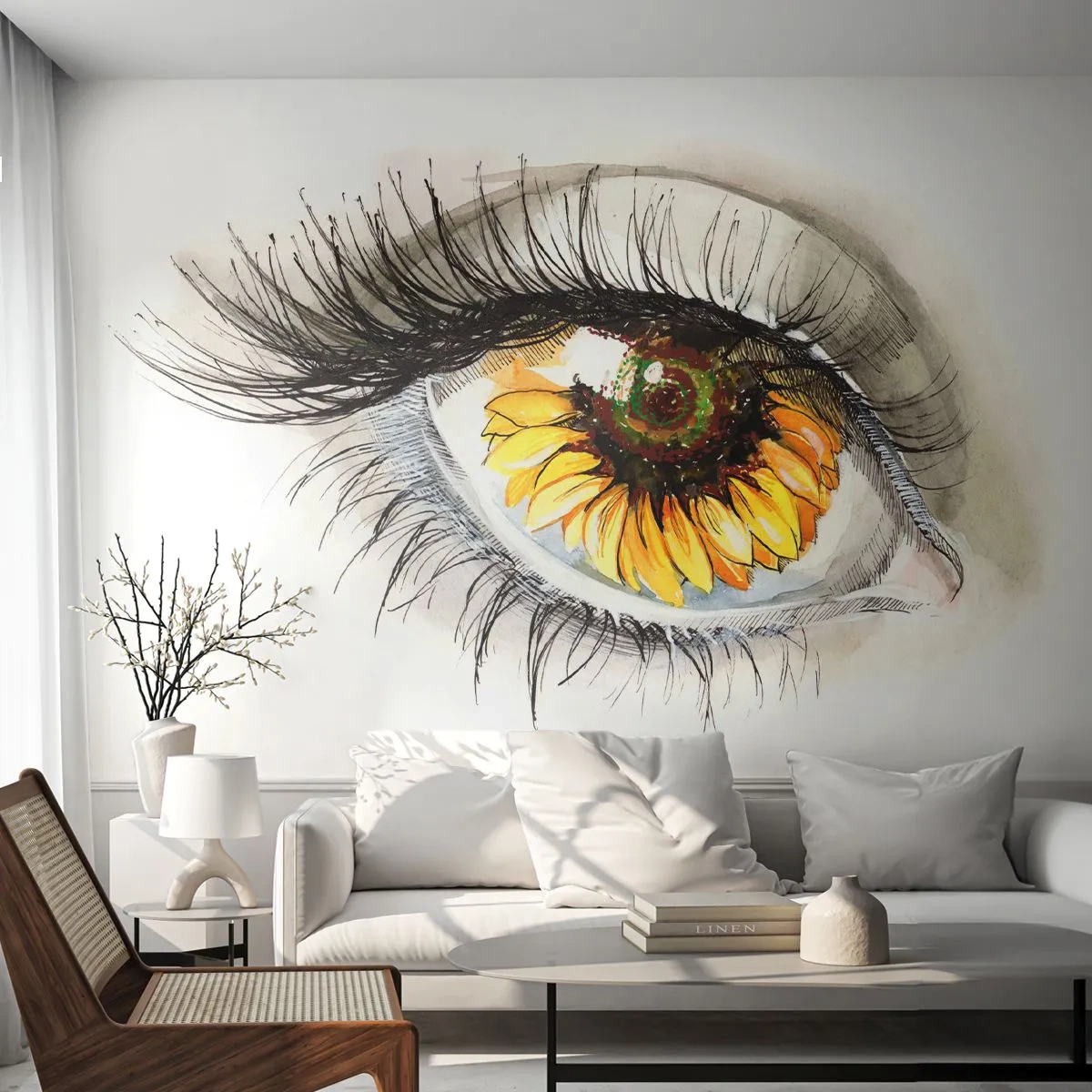 Fototapete Premium Sand - Auge mit Sonnenblumenmotiv im künstlerischen Stil - 100x70cm - Ein Look so heiß wie der Sommer - Moderne Wanddekoration für Wohnzimmer und Schlafzimmer ARTTOR