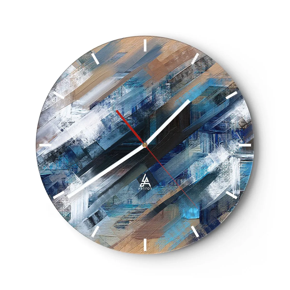 Wanduhr - Glasuhr - Eine abstrakte Komposition aus blauen Pinselstrichen. - 30x30cm - Auf einer blauen Diagonale - Moderne Wanddekoration für Wohnzimmer, Küche und Schlafzimmer ARTTOR