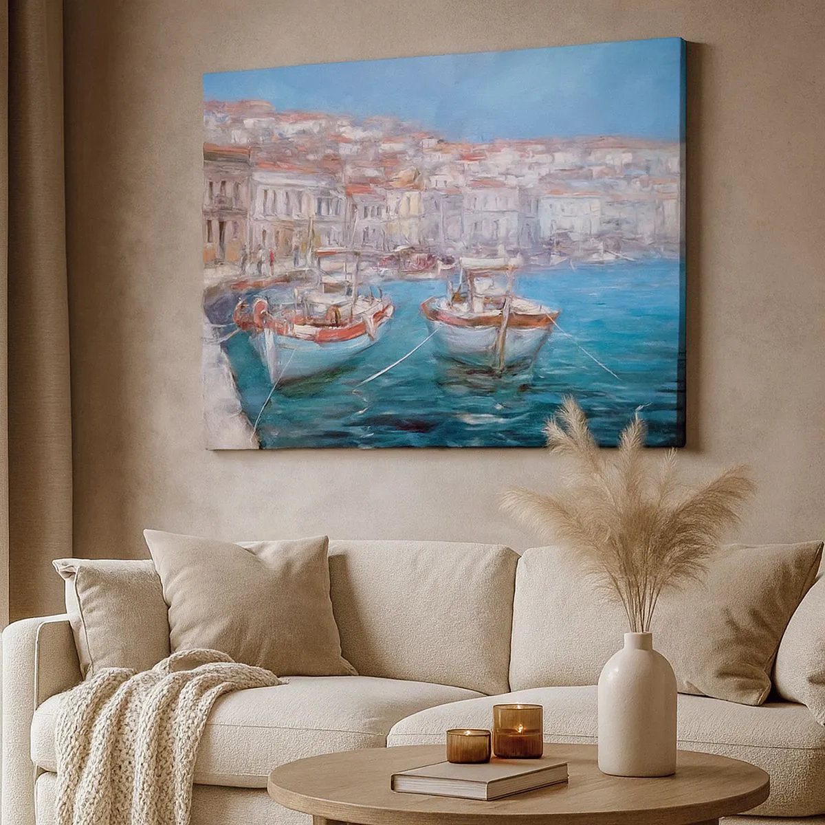 Bild auf Leinwand - Leinwandbild - Boote in einer malerischen italienischen Bucht - 70x50cm - Italienische Bucht - Moderne Wanddekoration für Wohnzimmer und Schlafzimmer ARTTOR