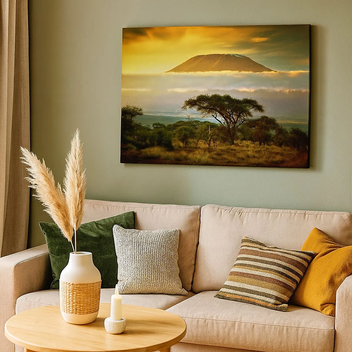 Bild auf Leinwand - Leinwandbild - Afrikanische Landschaft mit Kilimandscharo bei Sonnenaufgang - 70x50cm - Ein Reisetraum - Moderne Wanddekoration für Wohnzimmer und Schlafzimmer ARTTOR