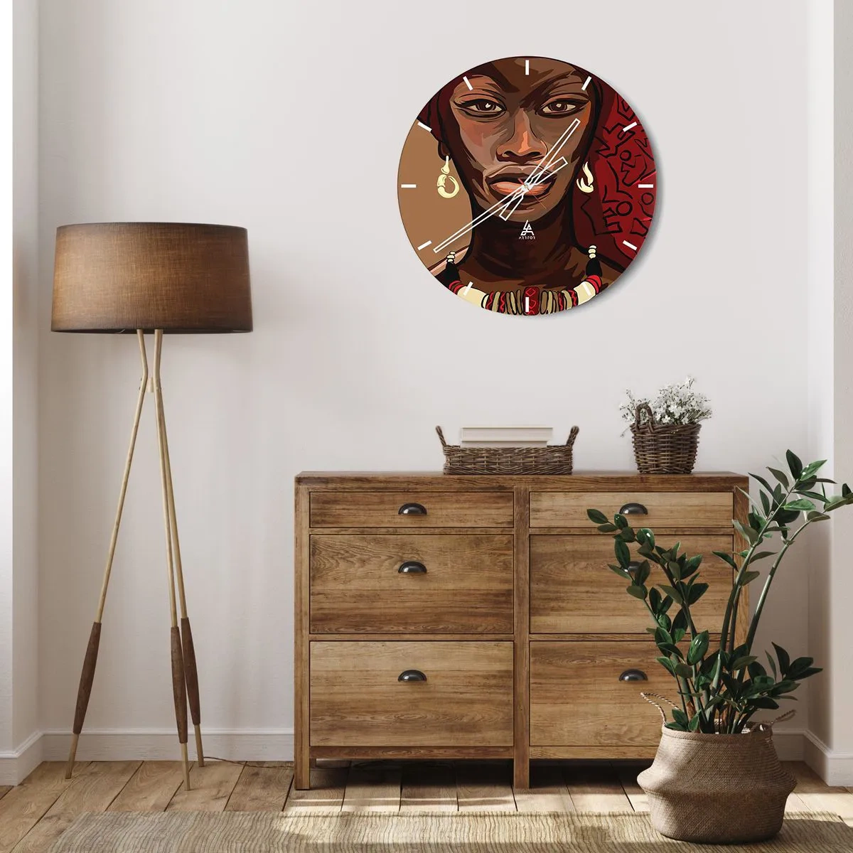 Wanduhr - Glasuhr - Frauenportrait im afrikanischen Stil mit roten Akzenten - 30x30cm - Venus aus Ebenholz - Moderne Wanddekoration für Wohnzimmer, Küche und Schlafzimmer ARTTOR