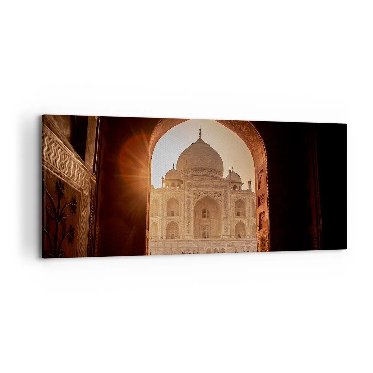 Bild auf Leinwand - Leinwandbild - Taj Mahal im Sonnenlicht vom Torbogen aus gesehen - 120x50cm - Denkmal der überirdischen Liebe - Moderne Wanddekoration für Wohnzimmer und Schlafzimmer ARTTOR
