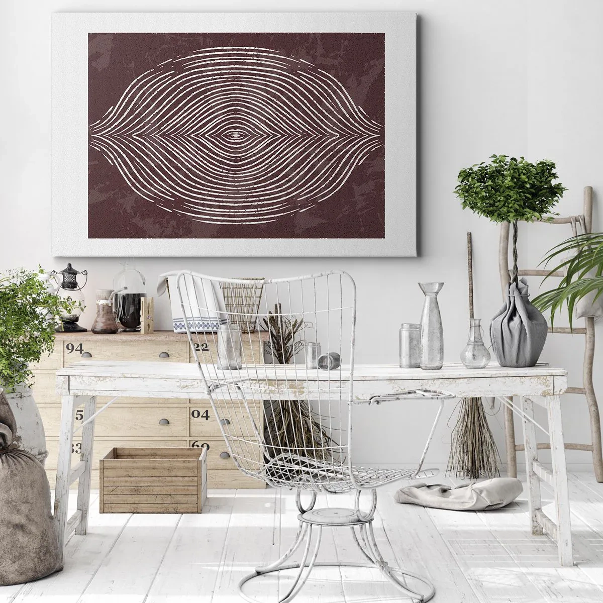 Bild auf Leinwand - Leinwandbild - Symmetrische Wellen in weißen Linien auf braunem Hintergrund - 100x70cm - Der Raum spricht - Moderne Wanddekoration für Wohnzimmer und Schlafzimmer ARTTOR