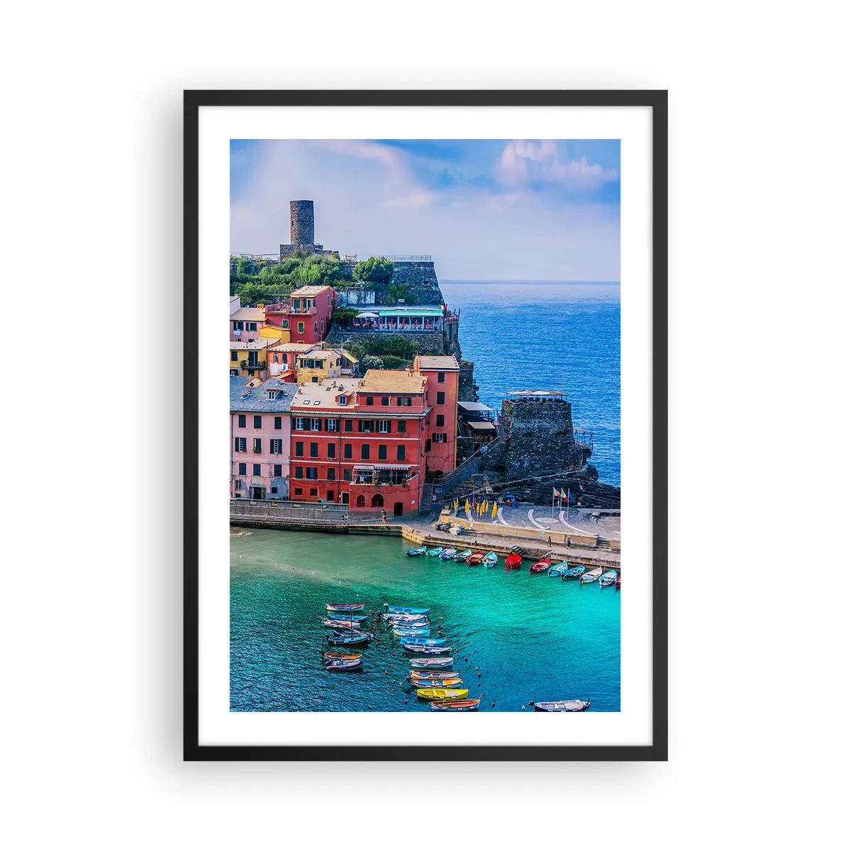 Poster in einem schwarzem Rahmen - Eine farbenfrohe Stadt am blauen Meer - 50x70cm - Mediterrane Zauberstadt - Moderne Wanddekoration für Wohnzimmer und Schlafzimmer ARTTOR