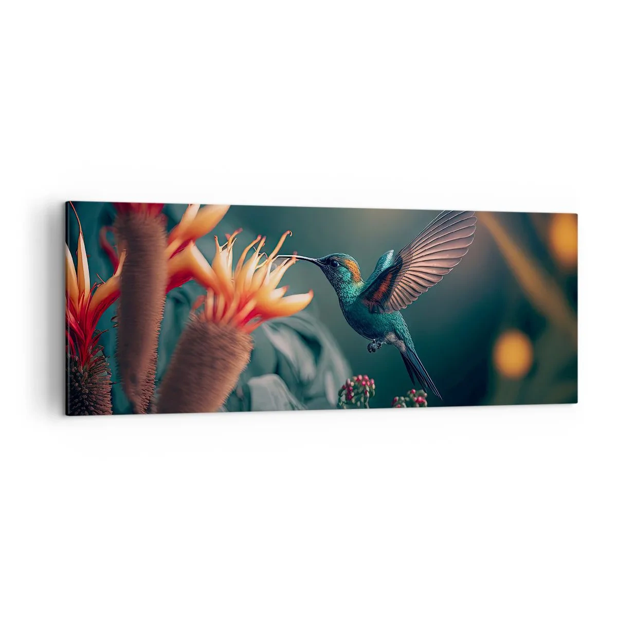 Bild auf Leinwand - Leinwandbild - Ein bunter Kolibri neben Blumen vor einem natürlichen Hintergrund - 140x50cm - Wirklich buntes Leben - Moderne Wanddekoration für Wohnzimmer und Schlafzimmer ARTTOR
