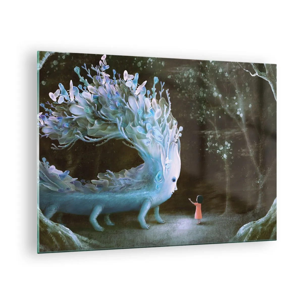 Glasbild - Bild auf glas - Ein Mädchen begegnet im Wald einem magischen Wesen. - 70x50cm - Fantastisches Treffen - Moderne Wanddekoration für Wohnzimmer und Schlafzimmer ARTTOR