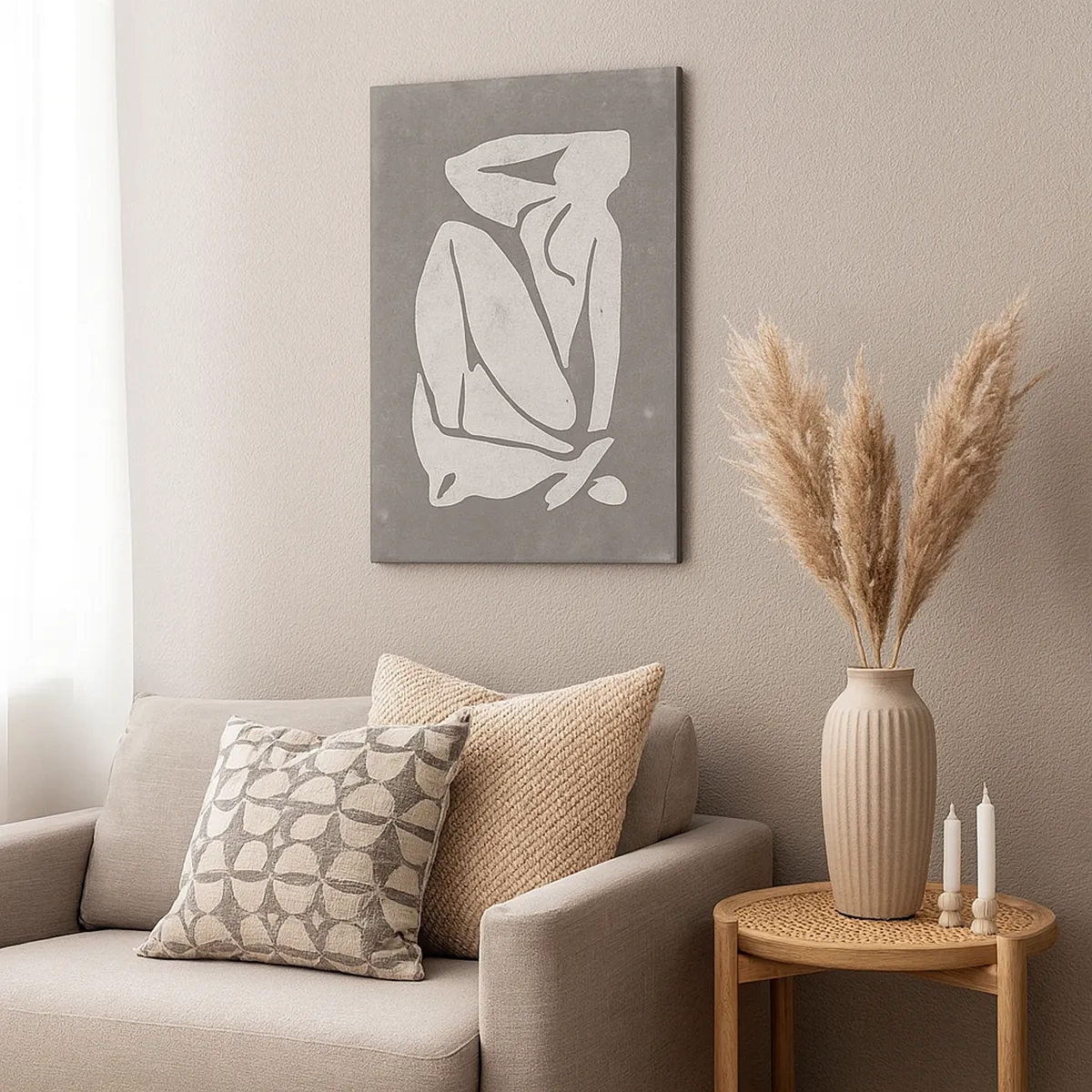 Bild auf Leinwand - Leinwandbild - Eine minimalistische Silhouettenzeichnung auf grauem Hintergrund - 50x70cm - In Gedanken versunken - Moderne Wanddekoration für Wohnzimmer und Schlafzimmer ARTTOR