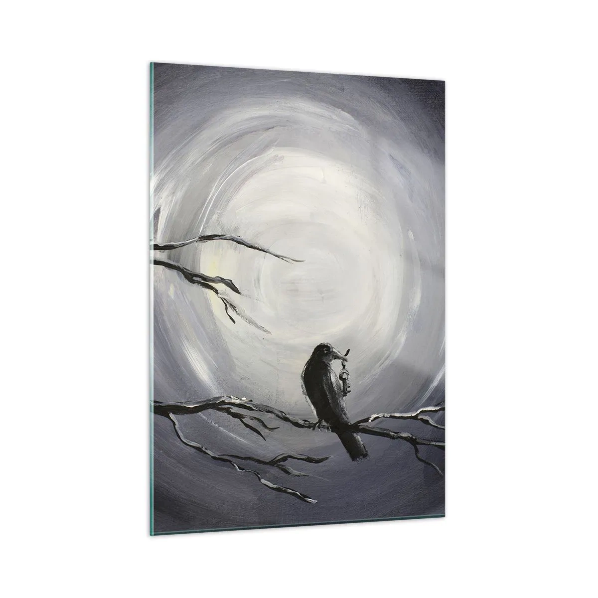 Glasbild - Bild auf glas - Ein Rabe sitzt auf einem Ast vor dem Hintergrund eines Vollmonds - 50x70cm - Der Schlüssel zum Geheimnis der Nacht - Moderne Wanddekoration für Wohnzimmer und Schlafzimmer ARTTOR
