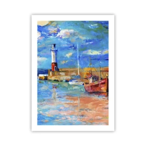 Poster - Ein malerischer Hafen mit Leuchtturm und vertäuten Booten - 50x70cm - Ein Nachmittag in der Regenbogenbucht - Moderne Wanddekoration für Wohnzimmer und Schlafzimmer ARTTOR