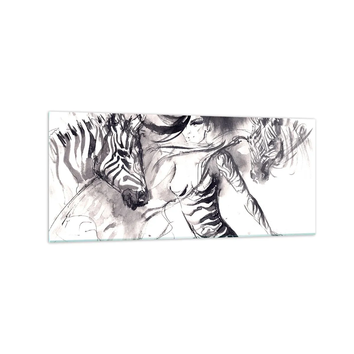 Glasbild - Bild auf glas - Eine Frau in einem dynamischen Tanz mit Zebras in einer Schwarz-Weiß-Ästhetik - 120x50cm - Tanzen mit den Zebras - Moderne Wanddekoration für Wohnzimmer und Schlafzimmer ARTTOR