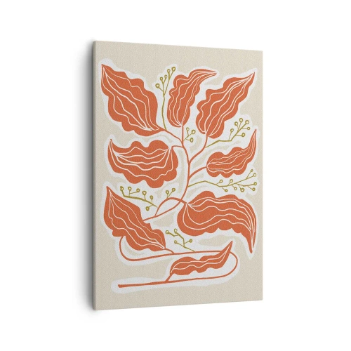 Bild auf Leinwand - Leinwandbild - Ein minimalistisches Blattmotiv in Orange- und Grüntönen. - 50x70cm - Im Folkstil und korallenartig - Moderne Wanddekoration für Wohnzimmer und Schlafzimmer ARTTOR