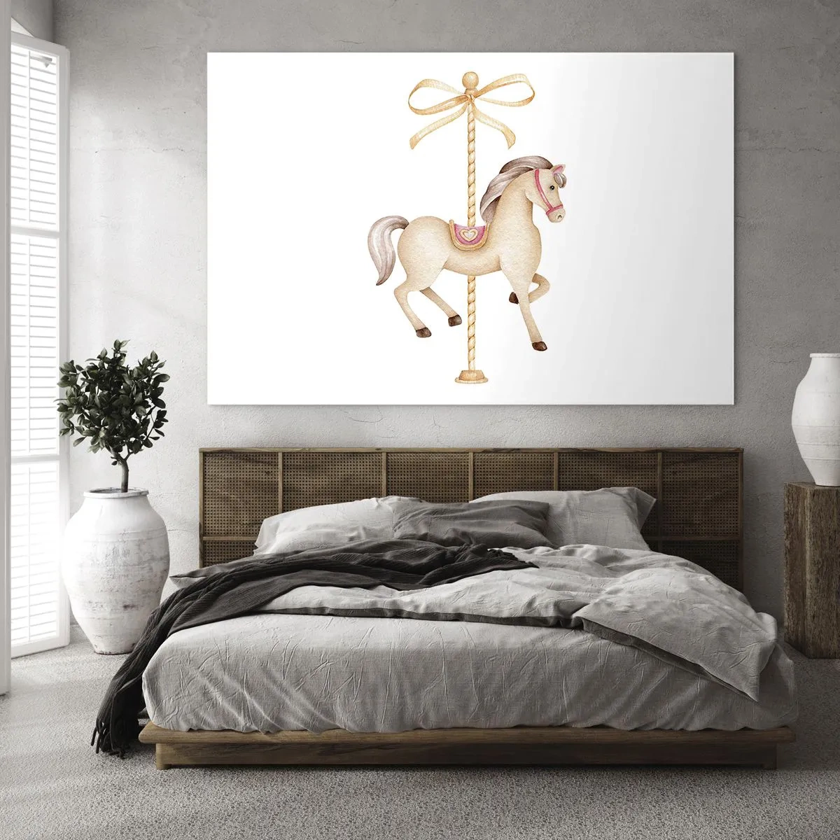 Glasbild - Bild auf glas - Beige Karussellpferd mit Schleife auf weißem Hintergrund - 70x50cm - Anmutiger Trab - Moderne Wanddekoration für Wohnzimmer und Schlafzimmer ARTTOR