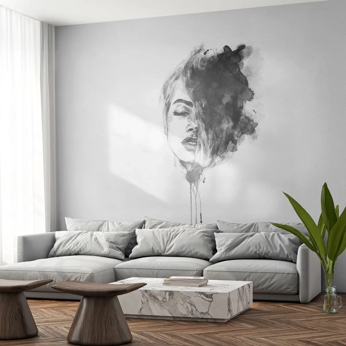 Fototapete Standard Eco - Wovon träumt das Mädchen - Porträt einer Frau, Das Gesicht einer Frau, Abstraktion - 350x256 cm