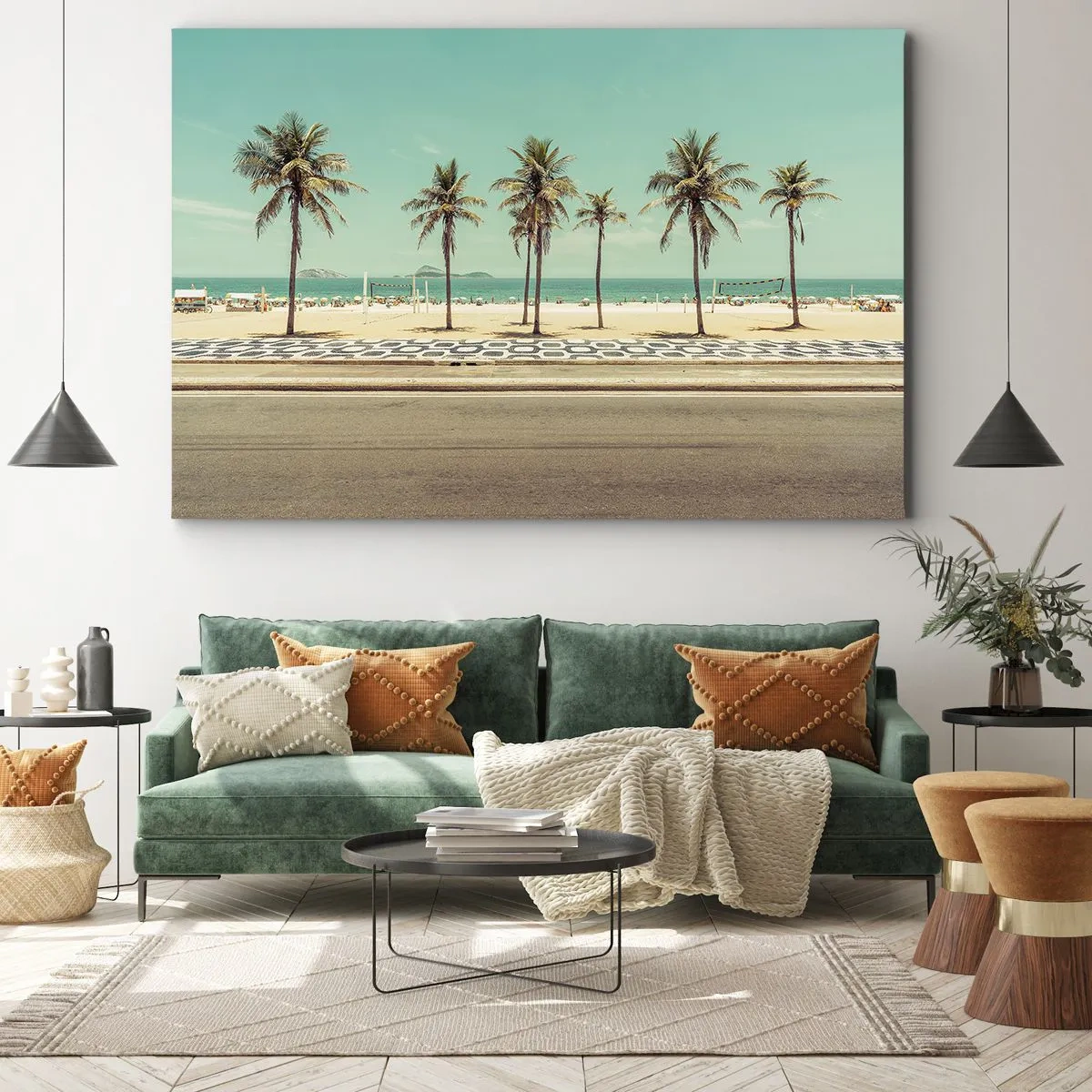 Bild auf Leinwand - Leinwandbild - Palmen am Strand mit Blick auf das Meer und den blauen Himmel - 70x50cm - Beim Bewachen des Strandes - Moderne Wanddekoration für Wohnzimmer und Schlafzimmer ARTTOR