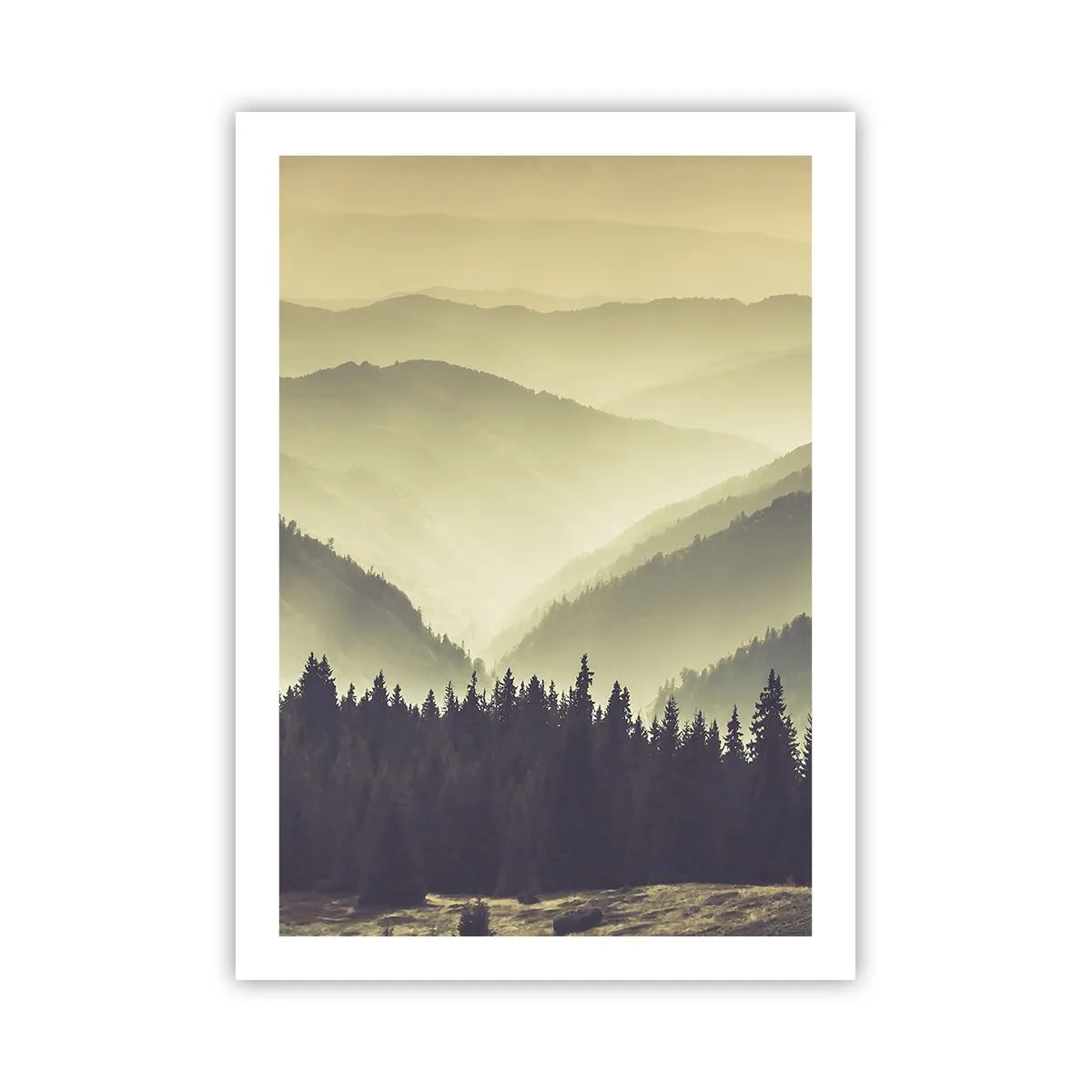 Poster - Nebliges Panorama der Berge mit Wald - 50x70cm - Hinter den sieben Bergen ... - Moderne Wanddekoration für Wohnzimmer und Schlafzimmer ARTTOR
