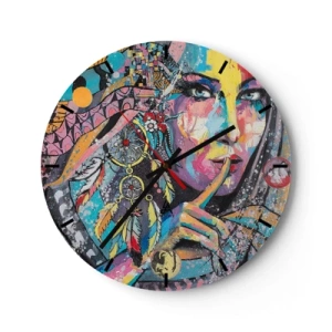 Wanduhr - Glasuhr - Buntes Gesicht mit Federn und geometrischem Muster - 30x30cm - Sei still, bis du verstehst - Moderne Wanddekoration für Wohnzimmer, Küche und Schlafzimmer ARTTOR