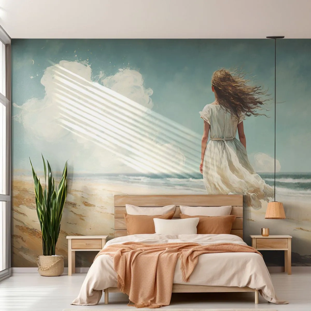 Selbstklebende Fototapete Deluxe Sticker - Der Sonne und dem Wind begegnen - Mädchen, Strand, Gehen - 100x70 cm