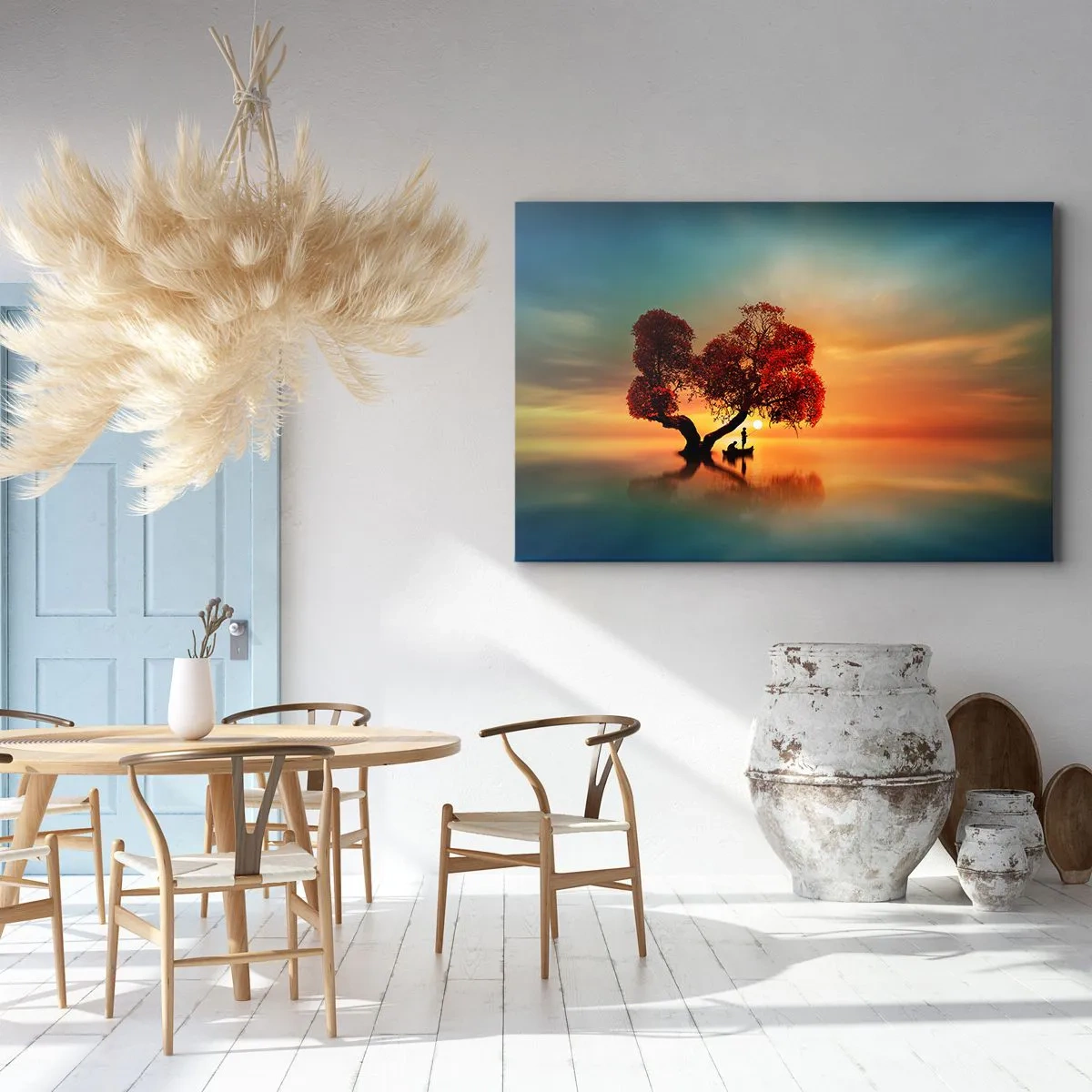 Bild auf Leinwand - Leinwandbild - Ein rotblättriger Baum und ein Boot auf dem Wasser bei Sonnenuntergang - 120x80cm - Oddaysons und die Stille der Weltlosen - Moderne Wanddekoration für Wohnzimmer und Schlafzimmer ARTTOR