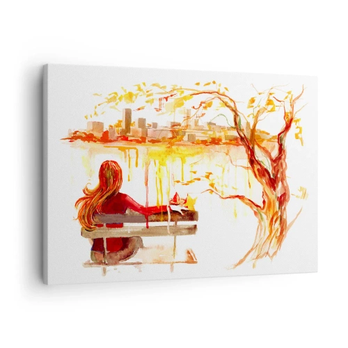 Bild auf Leinwand - Leinwandbild - Aquarellszene einer Frau auf einer Bank mit Blick auf die Stadt - 70x50cm - Ein Moment der Besinnung - Moderne Wanddekoration für Wohnzimmer und Schlafzimmer ARTTOR