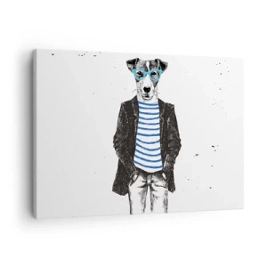 Bild auf Leinwand - Leinwandbild - Porträt eines Hundes mit Brille und Matrosenhemd im humorvollen Stil - 70x50cm - Auf den Charme des Hundes - Moderne Wanddekoration für Wohnzimmer und Schlafzimmer ARTTOR