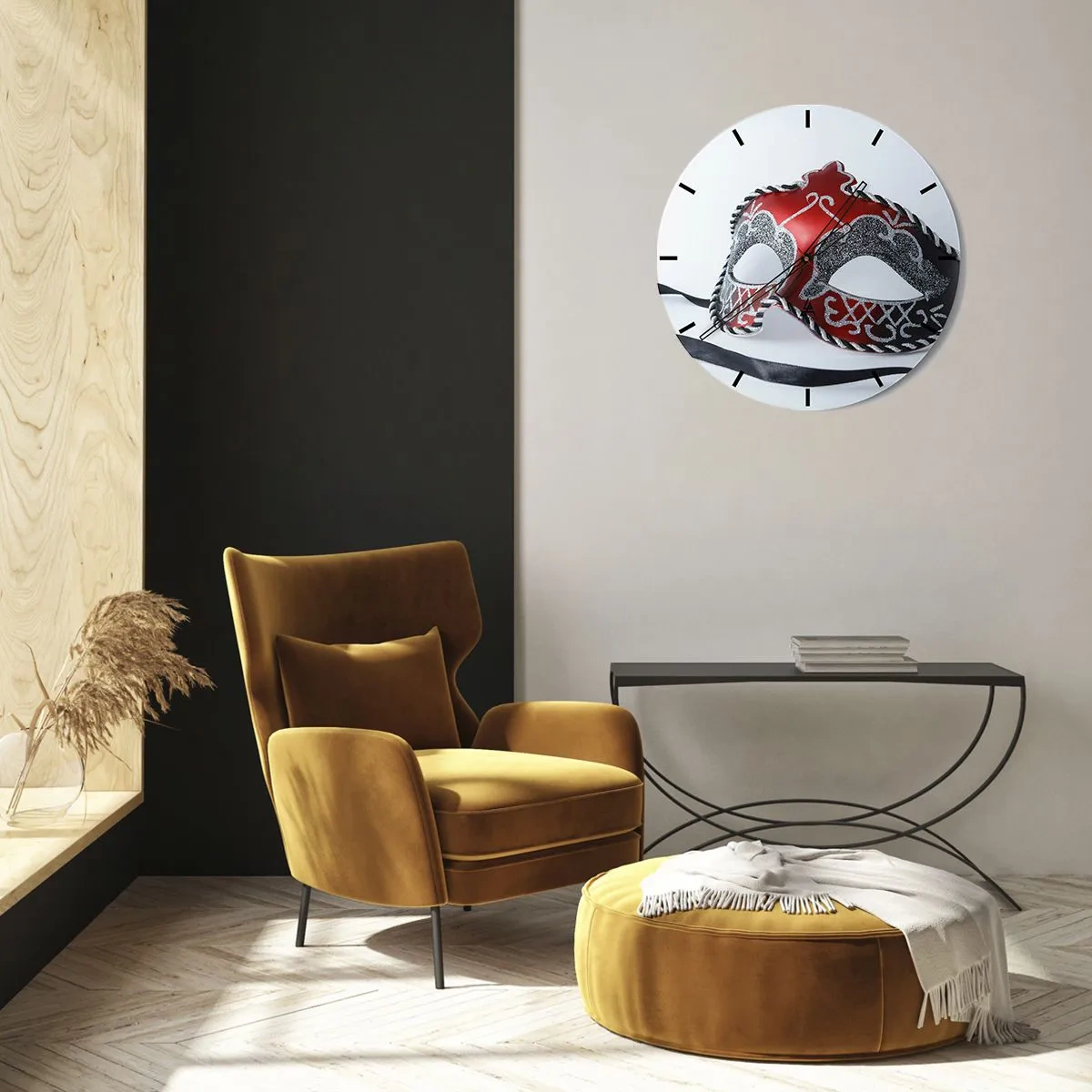 Wanduhr - Glasuhr - Karnevalsmaske in Rot- und Schwarztönen - 30x30cm - Einladung zum Abschlussball - Moderne Wanddekoration für Wohnzimmer, Küche und Schlafzimmer ARTTOR