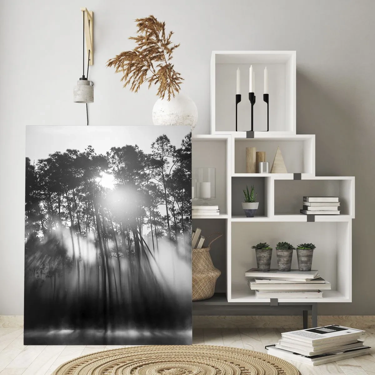 Glasbild - Bild auf glas - Schwarz-weißer Wald im Morgennebel - 80x120cm - Unaufhaltsame Sonne - Moderne Wanddekoration für Wohnzimmer und Schlafzimmer ARTTOR